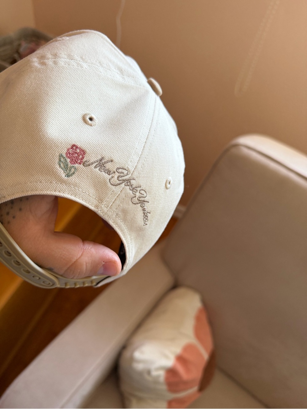Beige Embroidered Rose Adjustable Baseball Cap